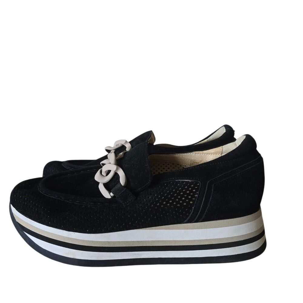 Softwaves Cadie Loafer Platform Sneaker Sz 40.5 US 10 Black Suede Leopard Chain - Picture 3 of 8